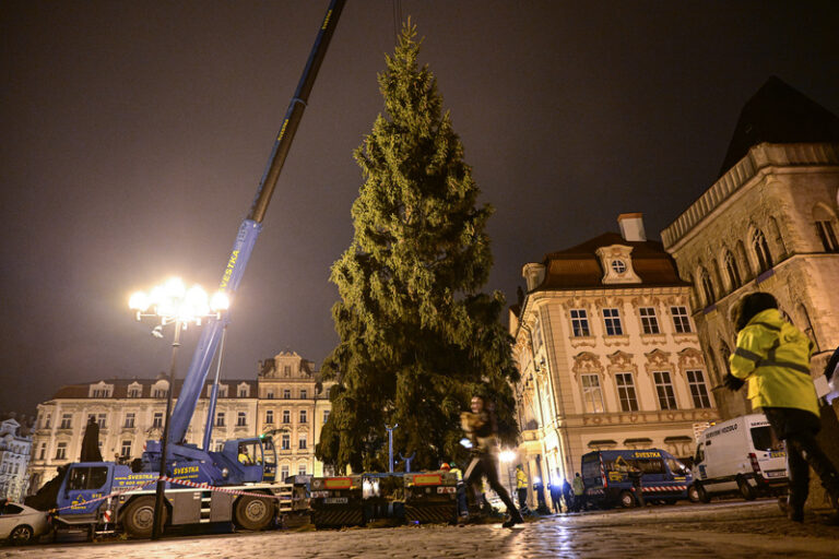 Na Staroměstském náměstí v Praze stojí vánoční strom